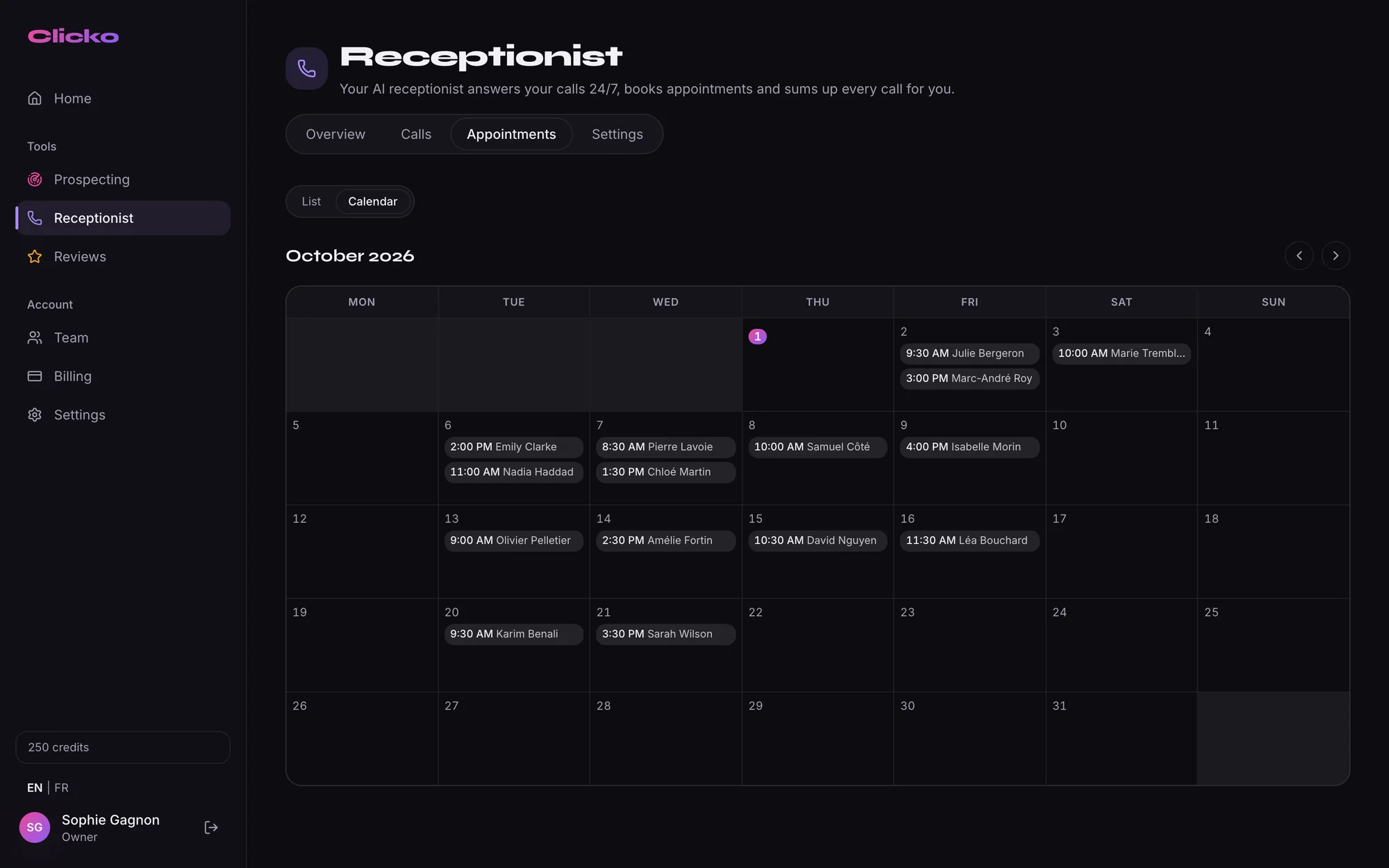 Calendar of appointments booked by the AI receptionist