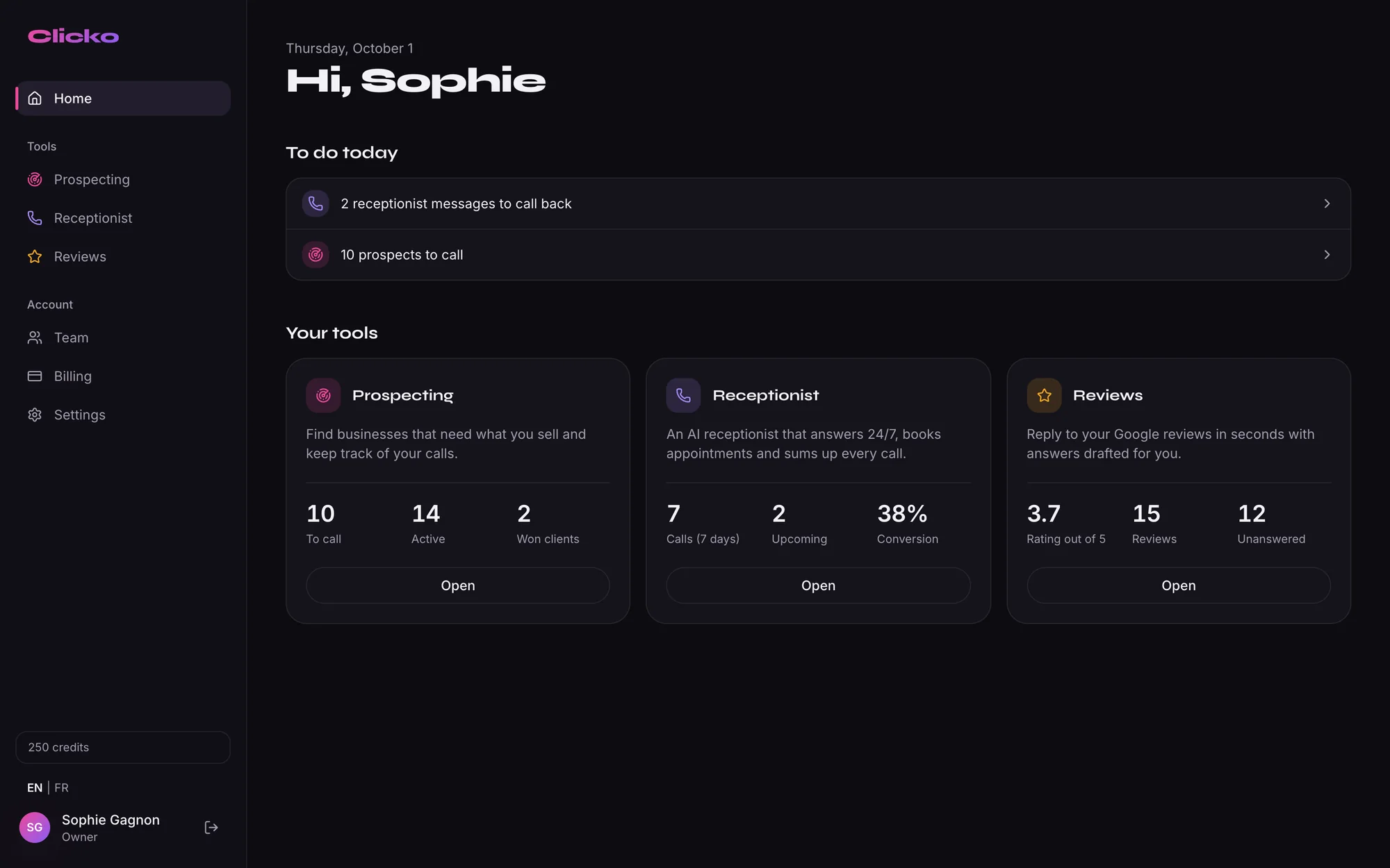 Clicko dashboard: calls to return, prospects to call and your tools