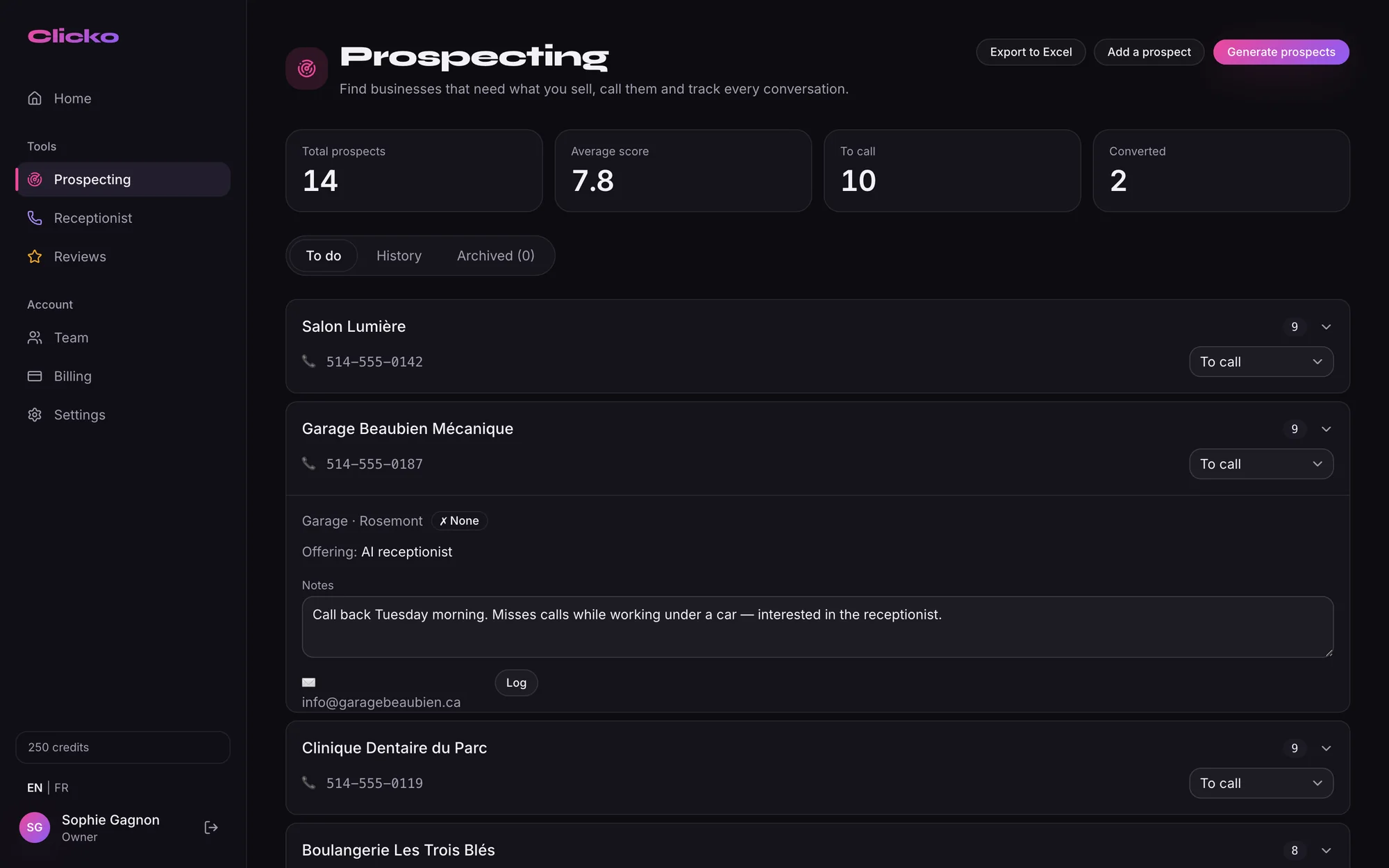 Scored prospect list with phone, status and call notes