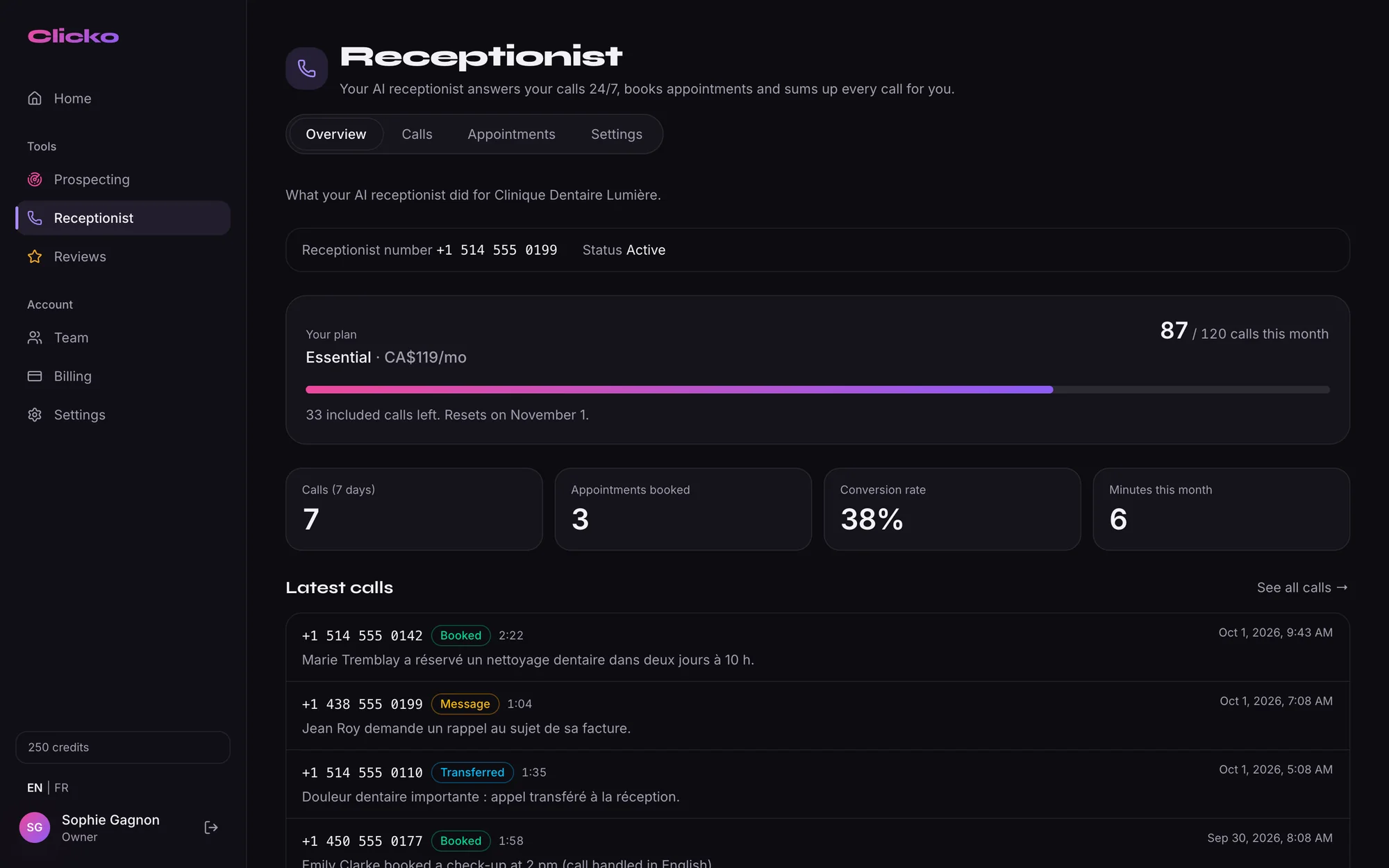 Receptionist overview: plan usage, calls this week and latest calls