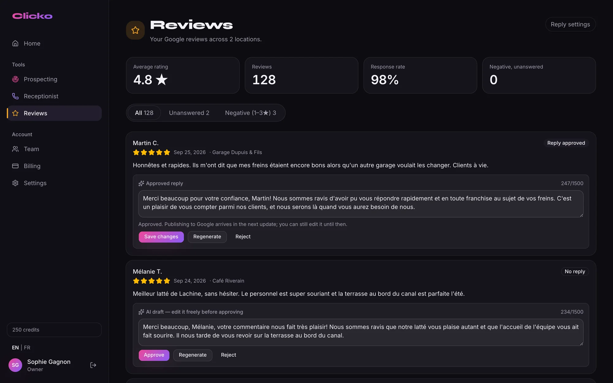 Google reviews with AI-drafted replies, ready to approve