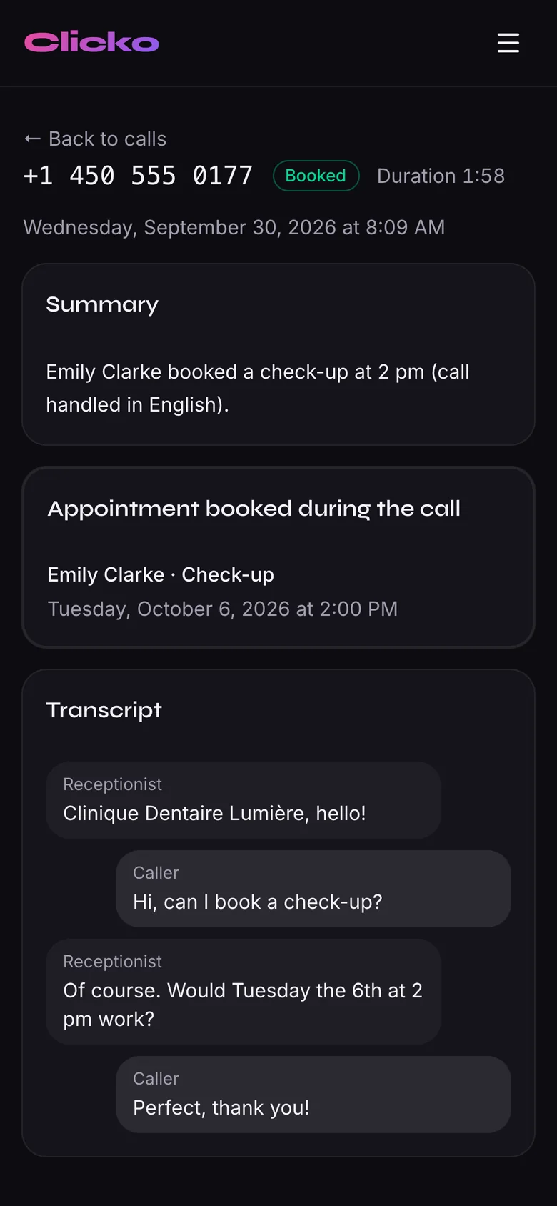 Summary and transcript of a call handled by the AI receptionist, on a phone