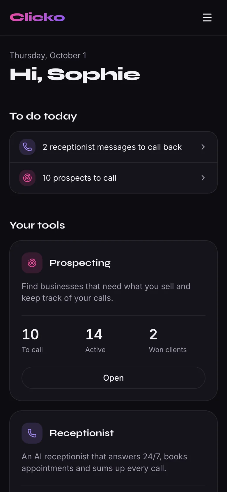 Clicko dashboard on a phone