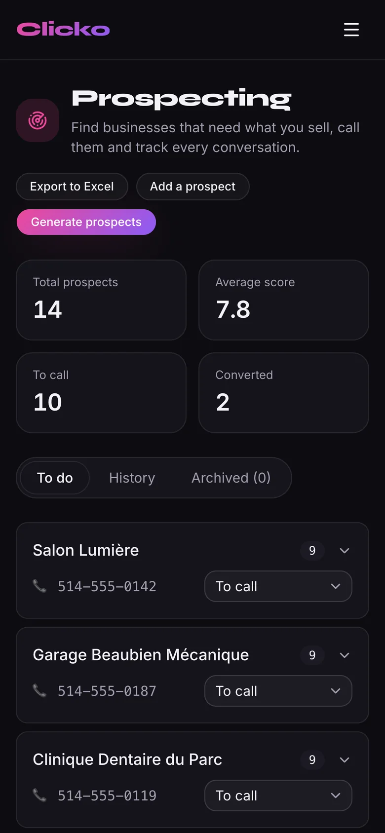 The prospect list on a phone
