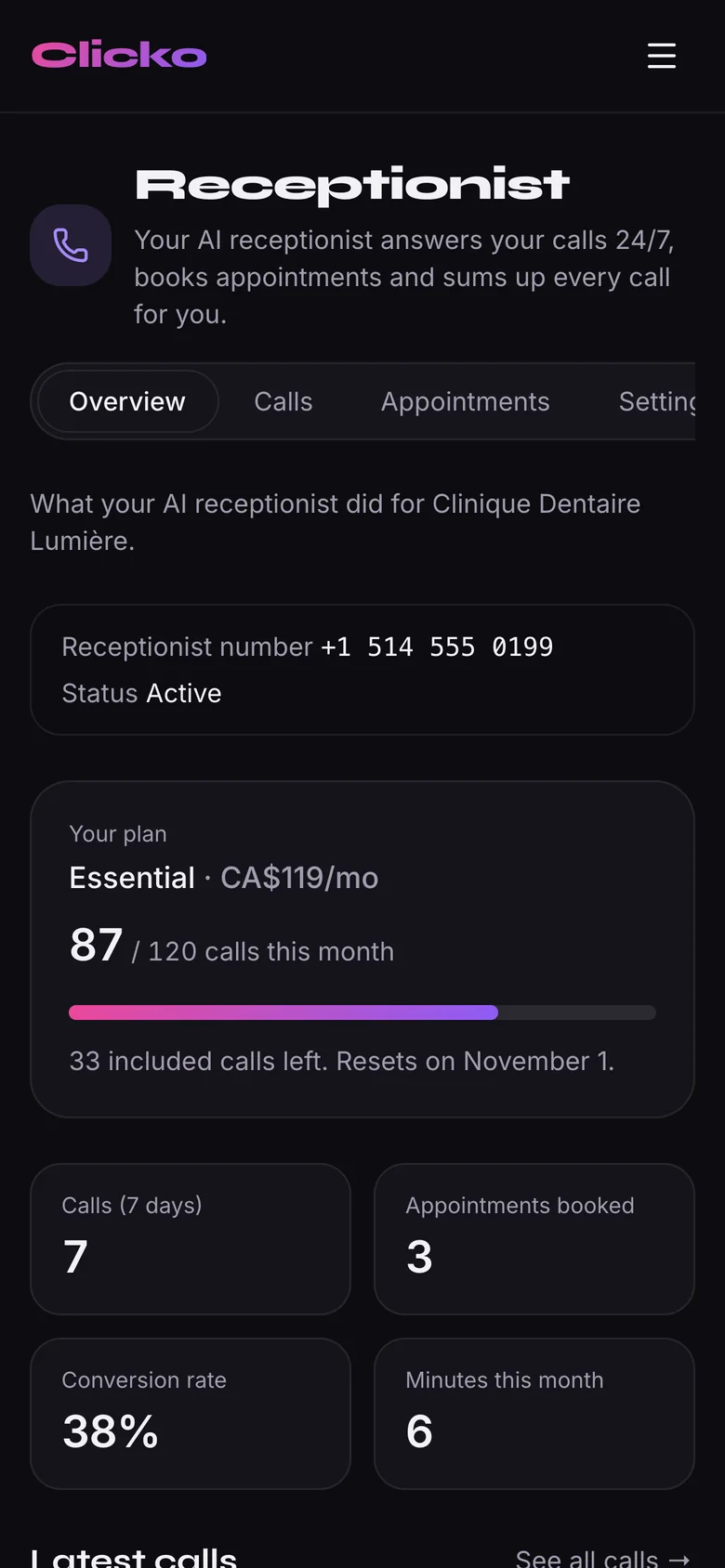 The AI receptionist on a phone: plan and stats