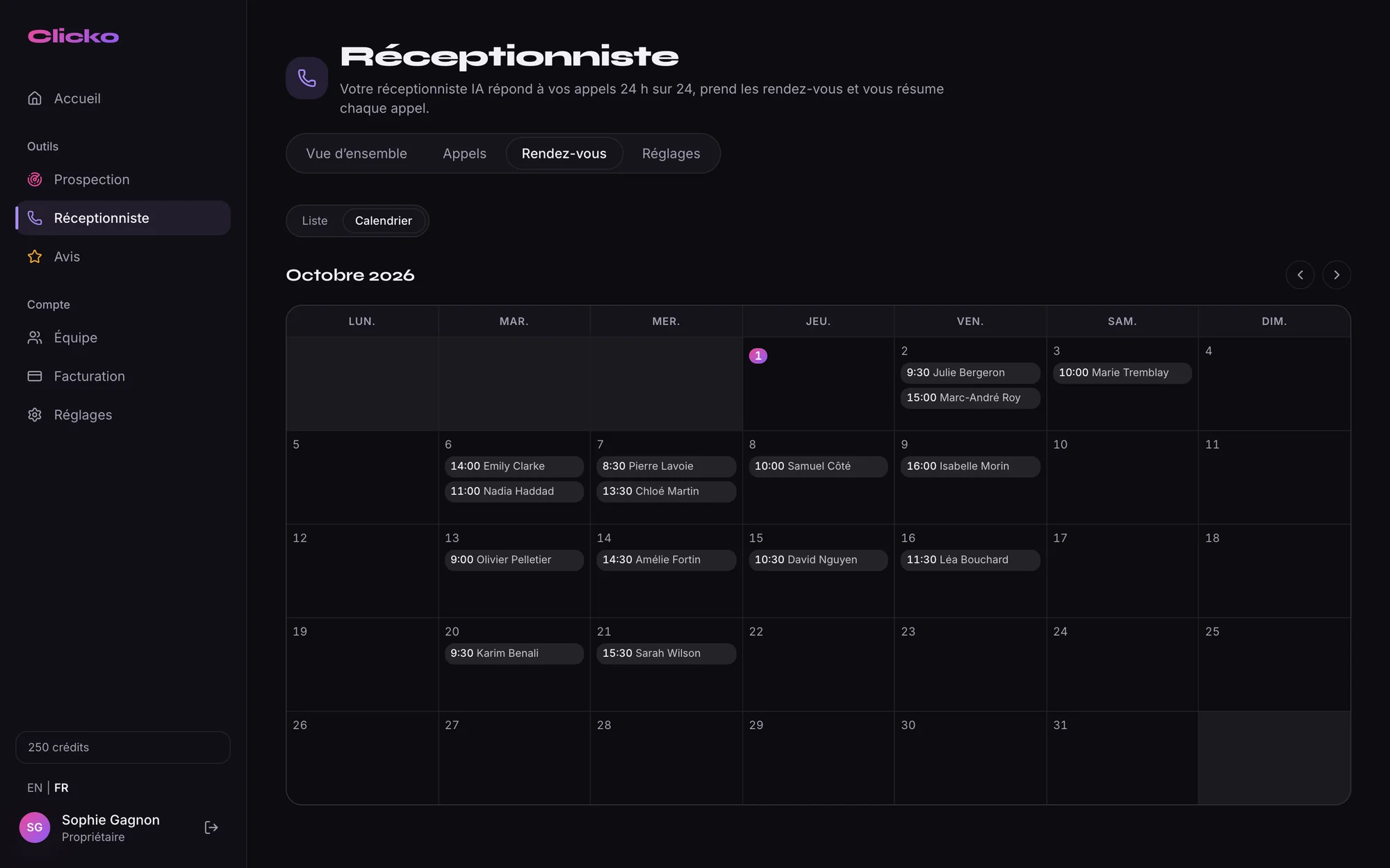 Calendrier des rendez-vous pris par la réceptionniste IA