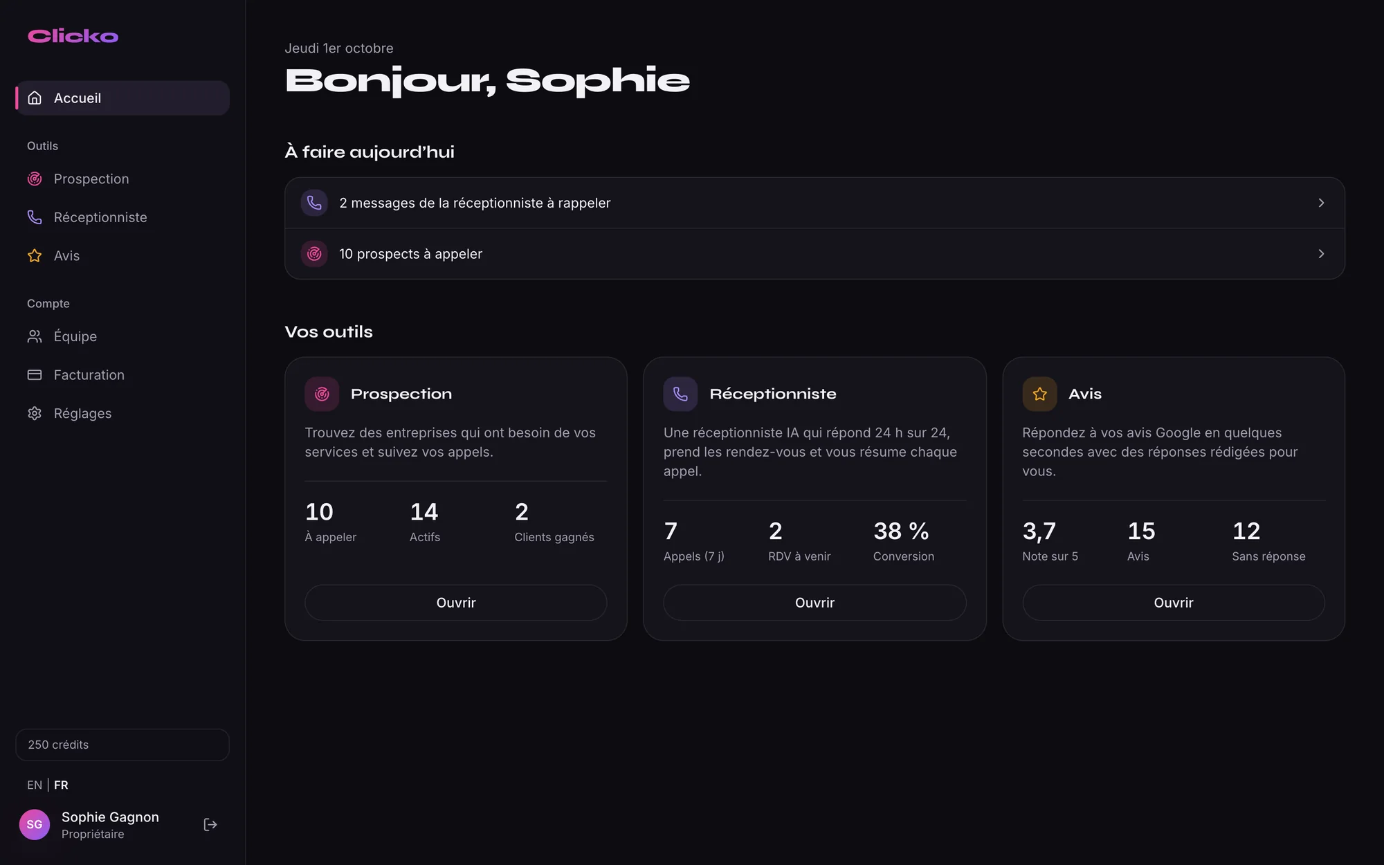 Tableau de bord Clicko : appels à rappeler, prospects à appeler et vos outils