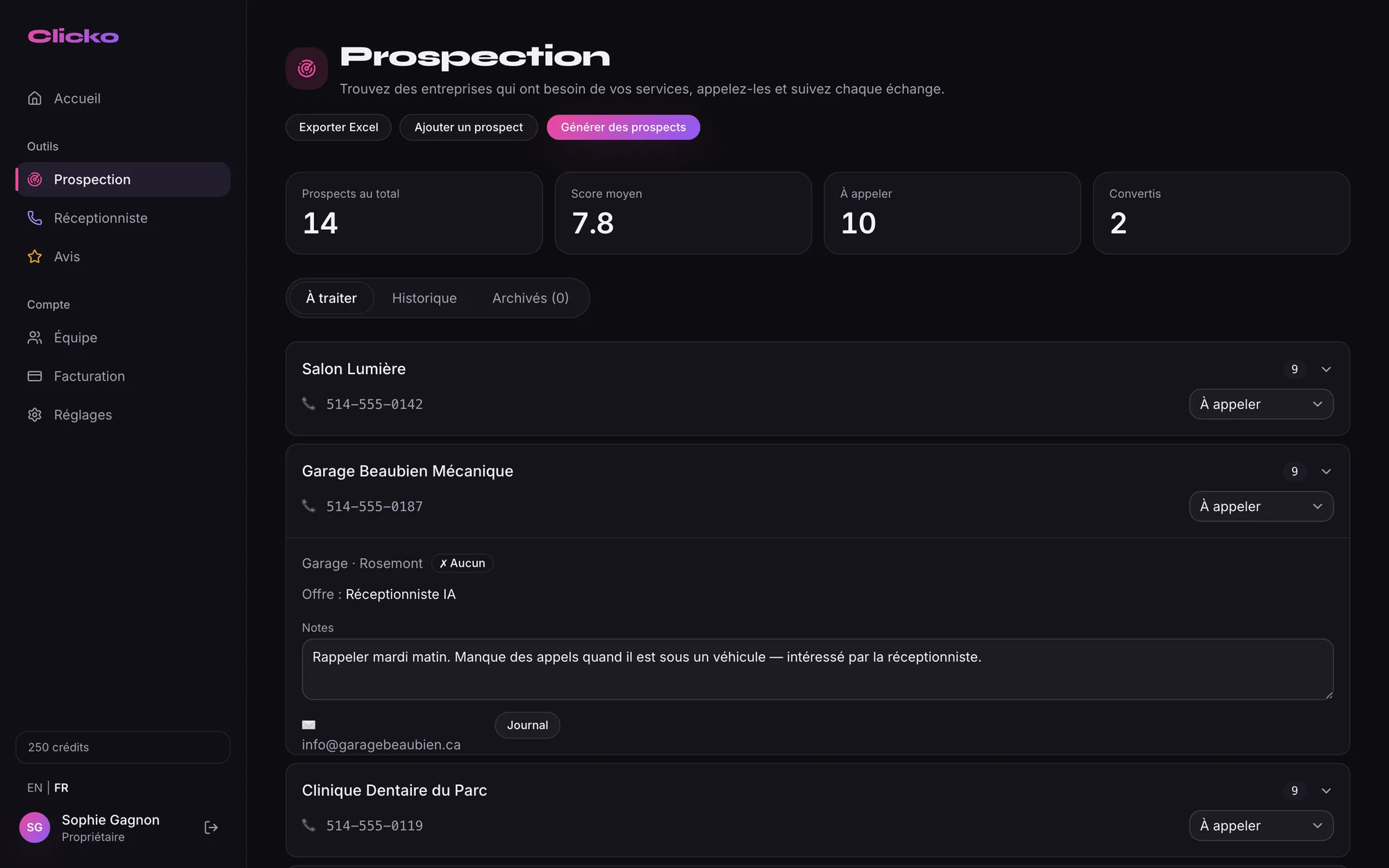 Liste de prospects notés avec téléphone, statut et notes d’appel