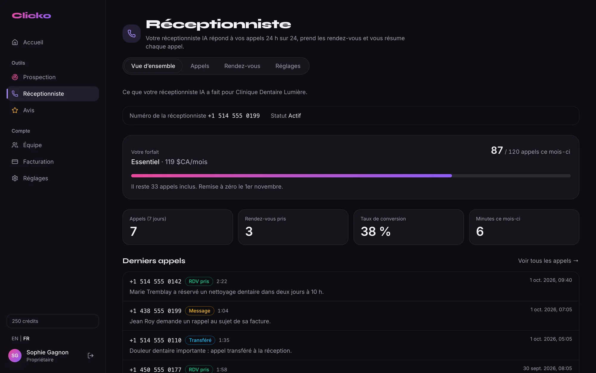 Vue d’ensemble de la réceptionniste : forfait, appels de la semaine et derniers appels