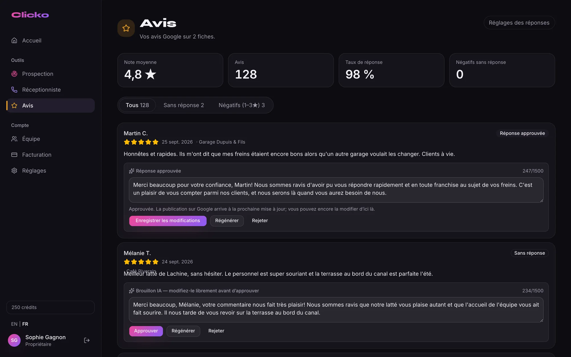 Avis Google avec réponses rédigées par l’IA, prêtes à approuver