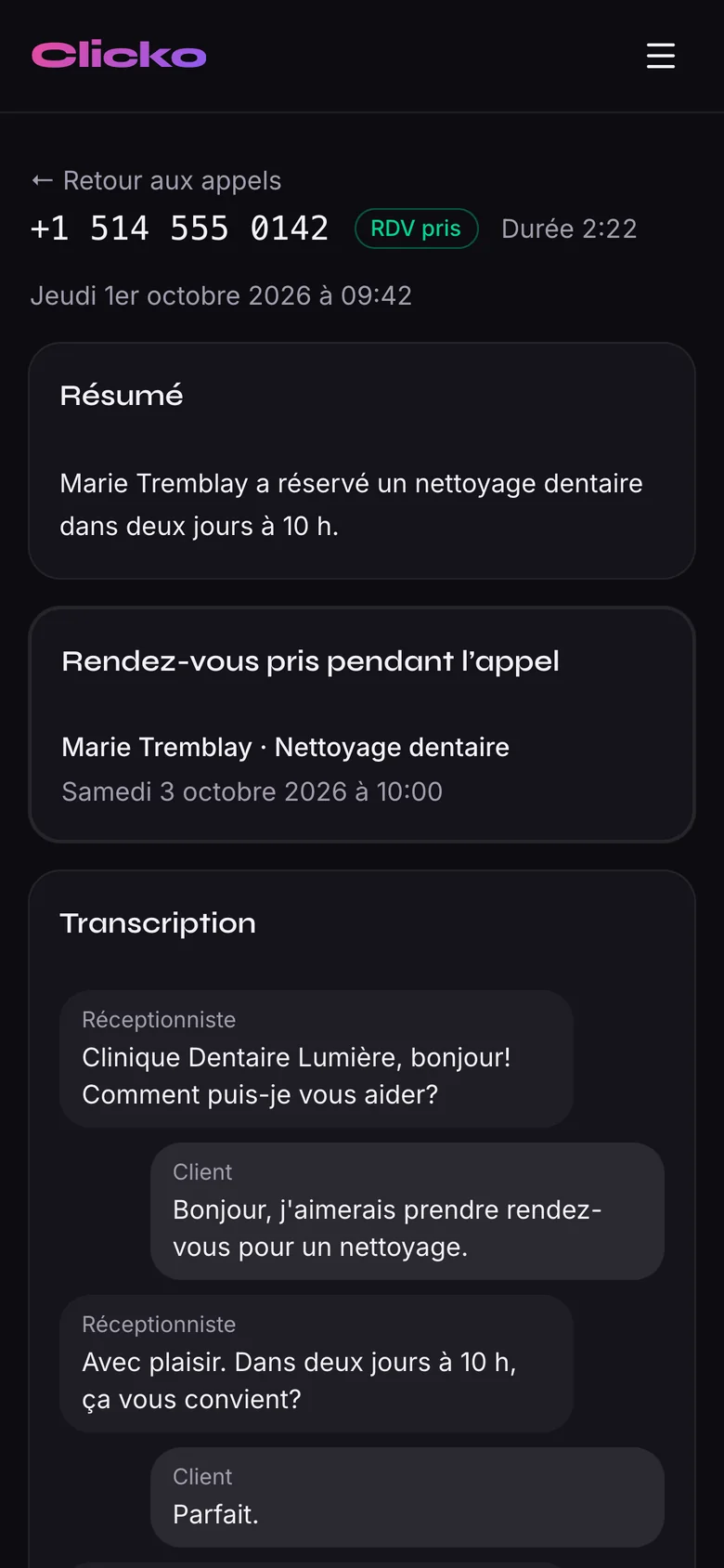 Résumé et transcription d’un appel pris par la réceptionniste IA, sur téléphone