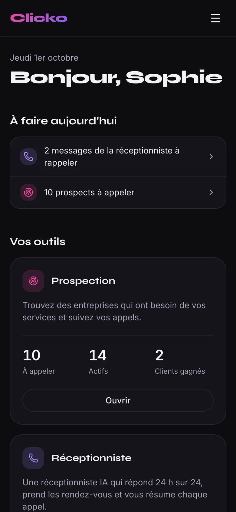 Tableau de bord Clicko sur téléphone